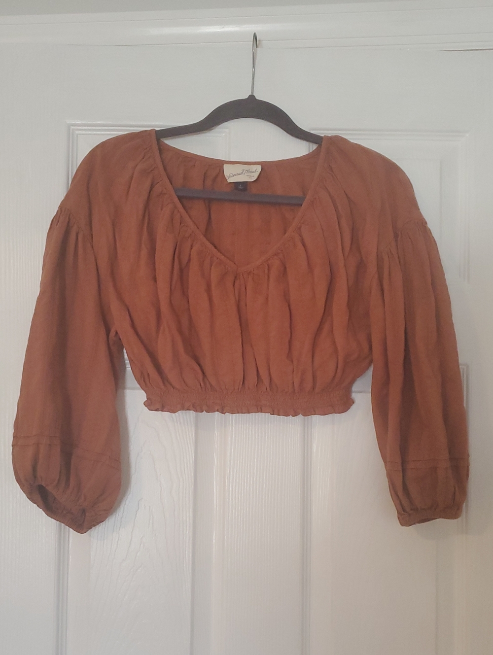 Rust Cropped V-Neck Blouse with Smocked Waist
